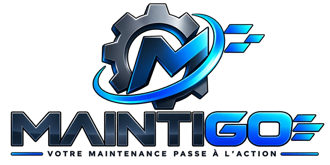 Logo officiel MAINTIGO : engrenage métallique, M bleu électrique et slogan Votre maintenance passe à l'action